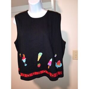 Michael Simon XL Embroidered Ice Cream Tank Top Black Cake Fruit Novelty Teacher